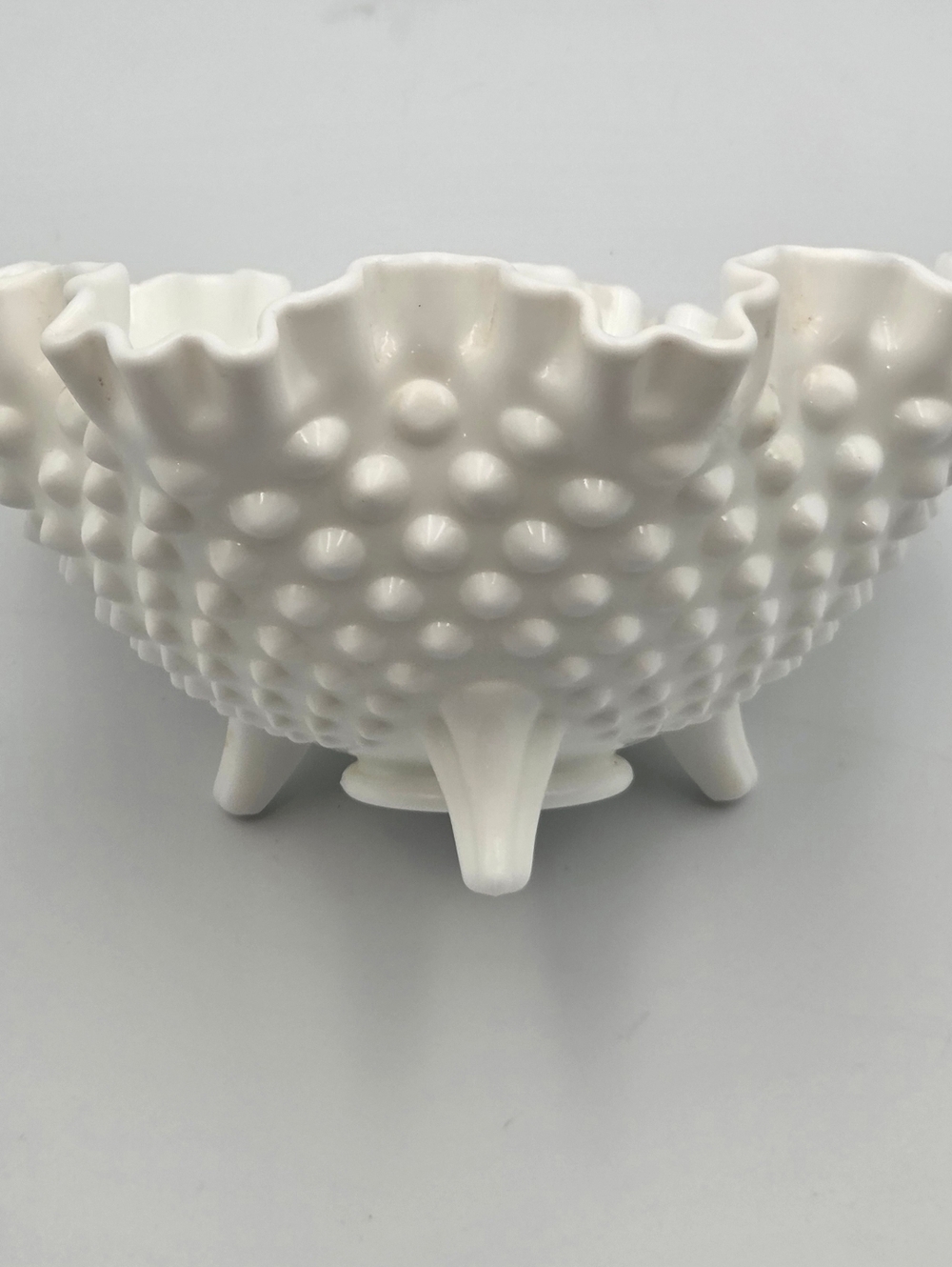 Fenton White Milk Glass Hobnail Ruffled Edge Footed Bowl Stamped Fenton